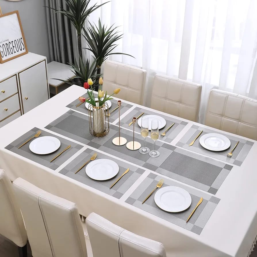 7 Pcs Dining Table Mat & Runner Set – Washable, Heat Resistant (Grey) HZ BEDDING