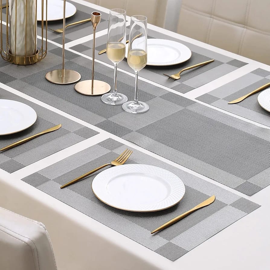 7 Pcs Dining Table Mat & Runner Set – Washable, Heat Resistant (Grey) HZ BEDDING