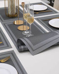 7 Pcs Dining Table Mat & Runner Set – Washable, Heat Resistant (Grey Boder) HZ BEDDING