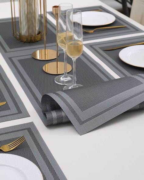 7 Pcs Dining Table Mat & Runner Set – Washable, Heat Resistant (Grey Boder) HZ BEDDING