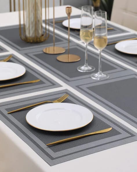 7 Pcs Dining Table Mat & Runner Set – Washable, Heat Resistant (Grey Boder) HZ BEDDING