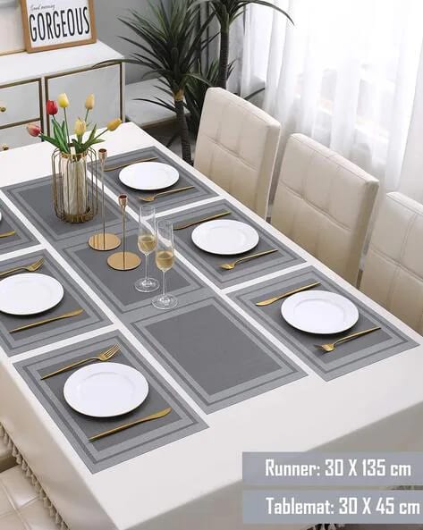 7 Pcs Dining Table Mat & Runner Set – Washable, Heat Resistant (Grey Boder) HZ BEDDING