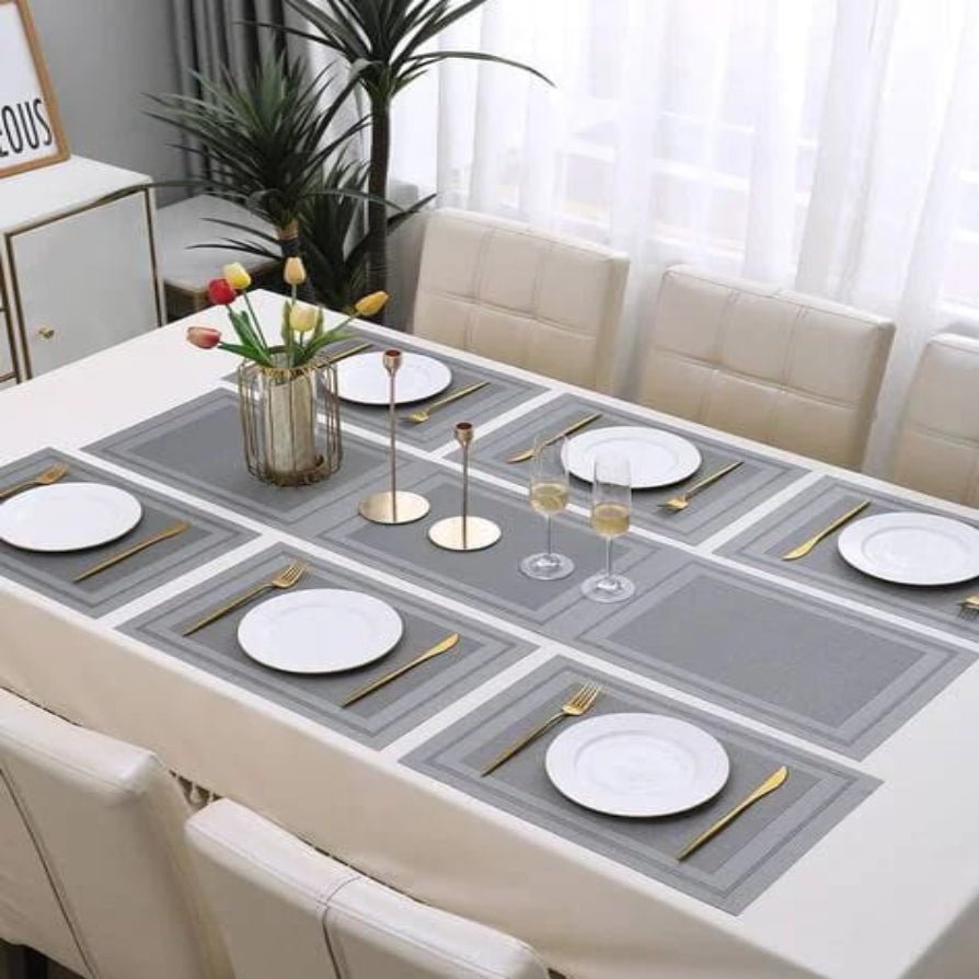 7 Pcs Dining Table Mat & Runner Set – Washable, Heat Resistant (Grey Boder) HZ BEDDING
