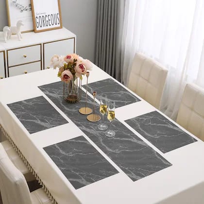 7 Pcs Dining Table Mat & Runner Set – Washable, Heat Resistant (Marble & Brown) HZ BEDDING