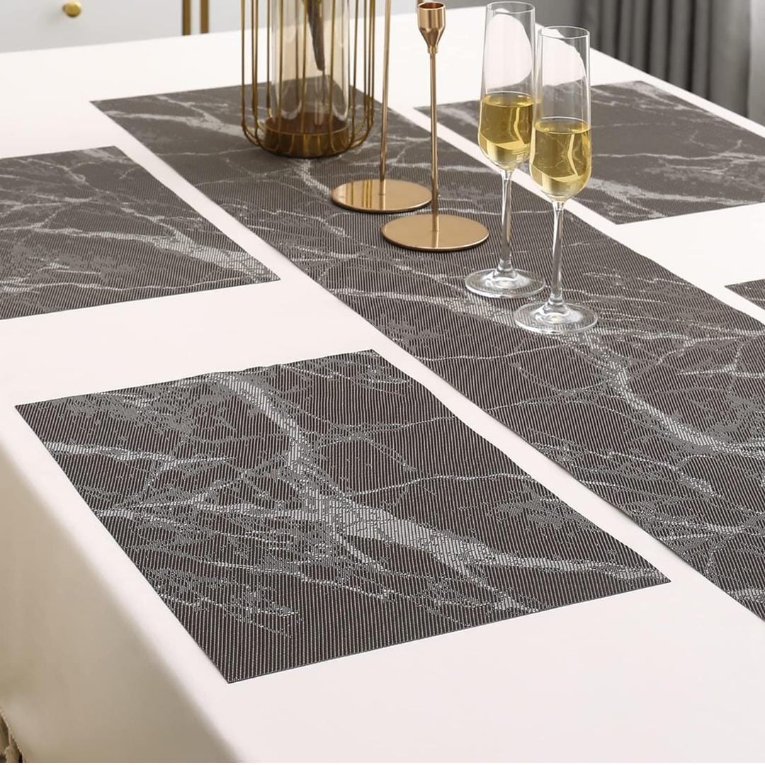 7 Pcs Dining Table Mat & Runner Set – Washable, Heat Resistant (Marble & Grey) HZ BEDDING