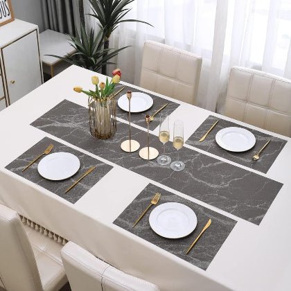 7 Pcs Dining Table Mat & Runner Set – Washable, Heat Resistant (Marble & Grey) HZ BEDDING