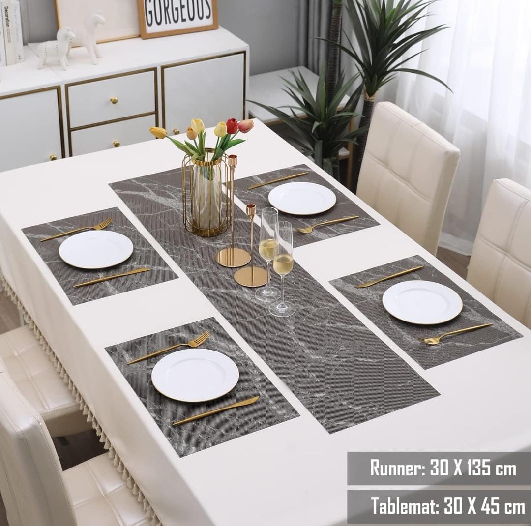 7 Pcs Dining Table Mat & Runner Set – Washable, Heat Resistant (Marble & Grey) HZ BEDDING