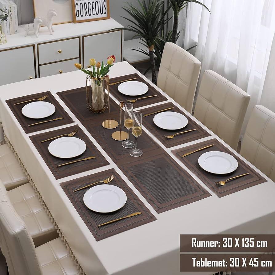 7 Pcs Dining Table Mat & Runner Set – Washable, Heat Resistant New Brown HZ BEDDING