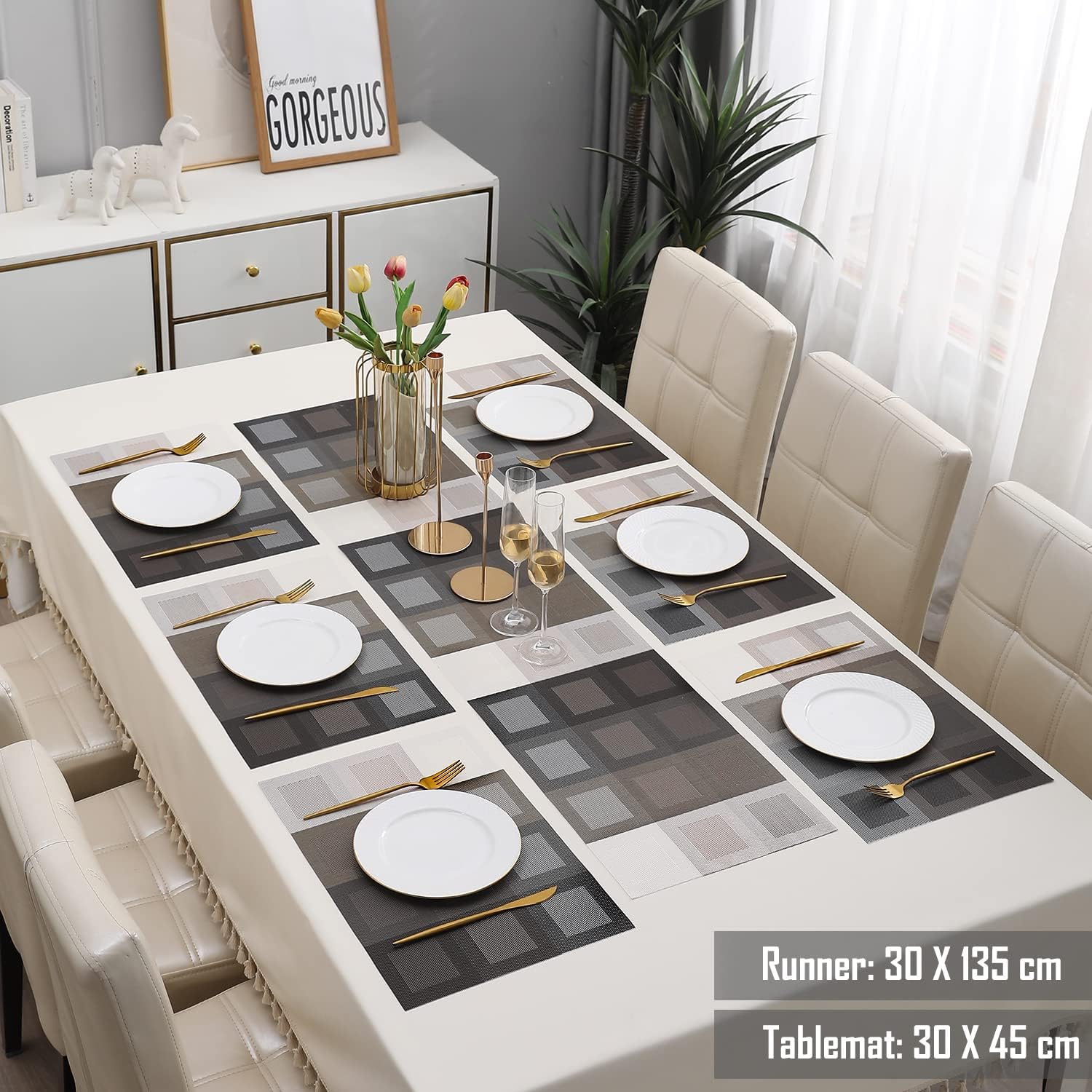 7 Pcs Dining Table Mat & Runner Set – Washable, Heat Resistant New Design HZ BEDDING