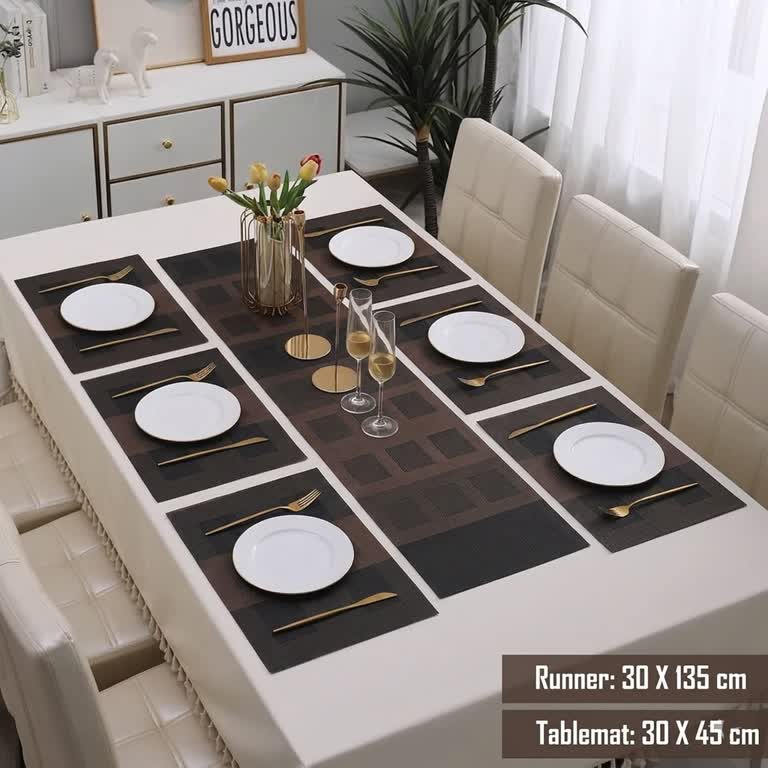 7 Pcs Dining Table Mat & Runner Set – Washable, Heat Resistant New Design B HZ BEDDING