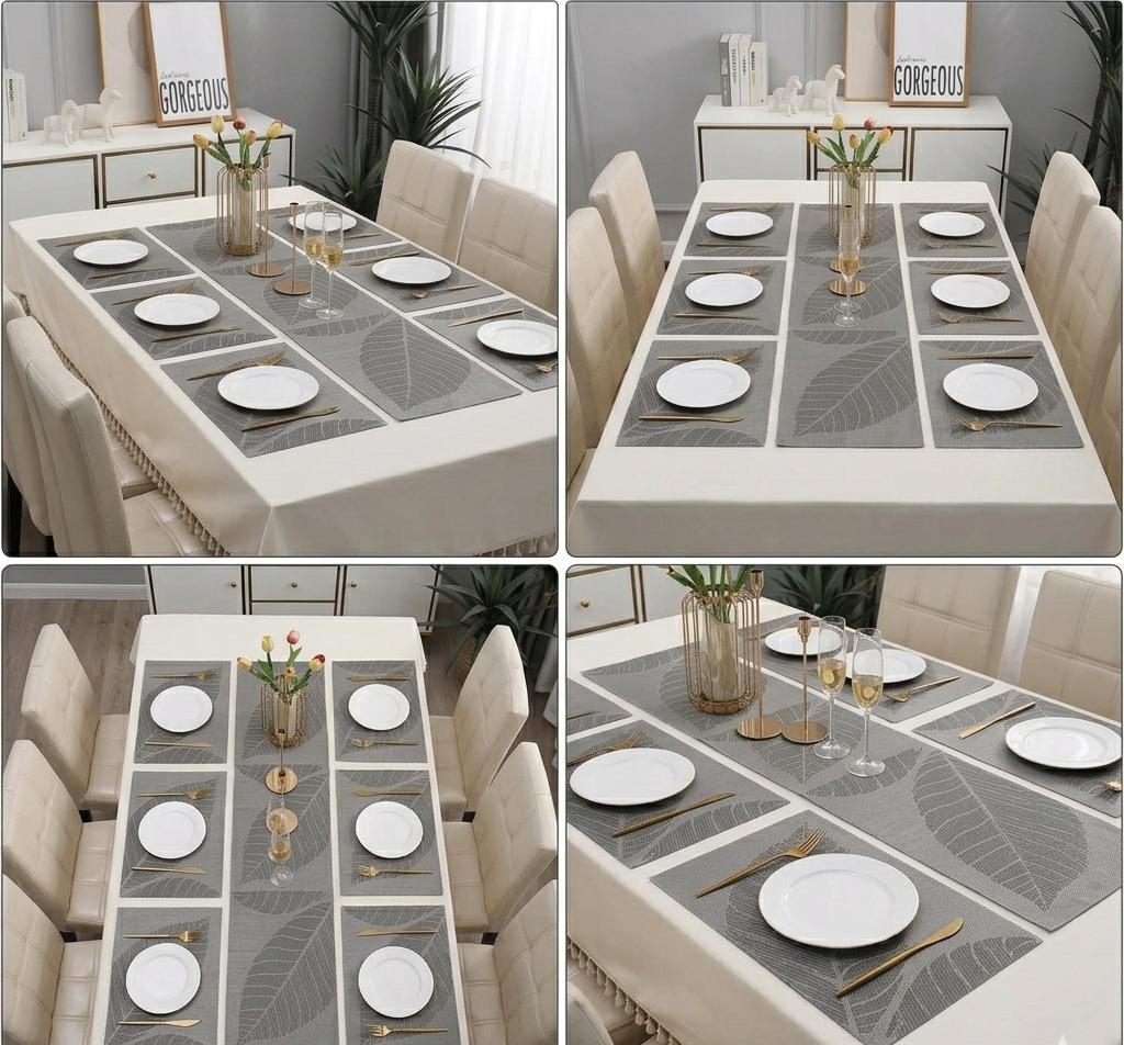 7 Pcs Dining Table Mat & Runner Set – Washable, Heat Resistant New Leaf HZ BEDDING