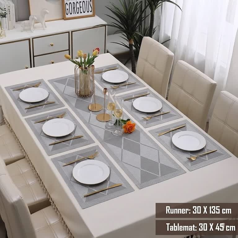7 Pcs Dining Table Mat & Runner Set – Washable, Heat Resistant New Leaf Design HZ BEDDING