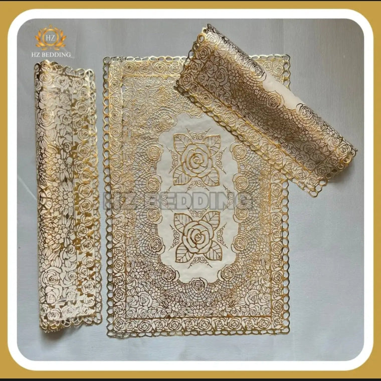 3pcs center table dressing table and side Table Mat Golden Large pcs size(15×36) And small 2pcs size(12×18) Inches material vinyl soft plastic Premium Golden