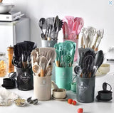12 Pcs Silicone Cooking Utensils Kitchen Utensil Set - Heat Resistant Non-Toxic BPA Free Spatula Set with Turner Tongs,Spoon,Brush,Whisk-Wooden Handles Kitchen Gadgets Tools Set for Nonstick Cookware
