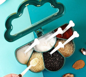 Cloud-Shaped 5-Compartment Seasoning Box – Creative Spice Organizer with Spoons