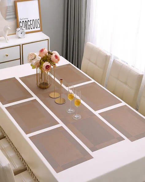 7Pcs Table Mat & Table Runner Brown Color Set Heat Resistant Placemats, Stain Resistant Washable PVC Table Mats for Dining Table Woven Placemat