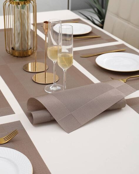 7Pcs Table Mat & Table Runner Brown Color Set Heat Resistant Placemats, Stain Resistant Washable PVC Table Mats for Dining Table Woven Placemat