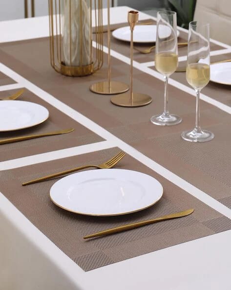 7Pcs Table Mat & Table Runner Brown Color Set Heat Resistant Placemats, Stain Resistant Washable PVC Table Mats for Dining Table Woven Placemat