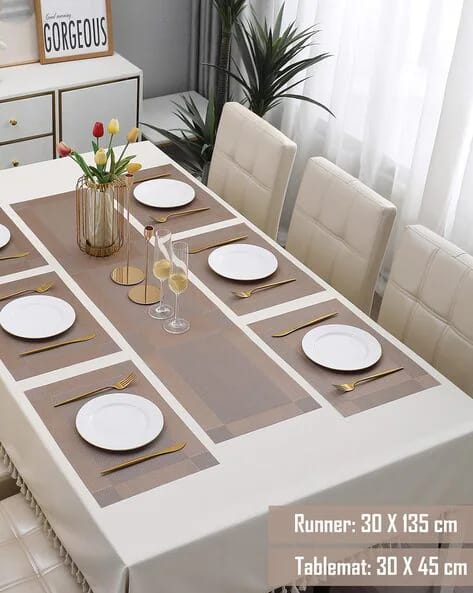 7Pcs Table Mat & Table Runner Brown Color Set Heat Resistant Placemats, Stain Resistant Washable PVC Table Mats for Dining Table Woven Placemat