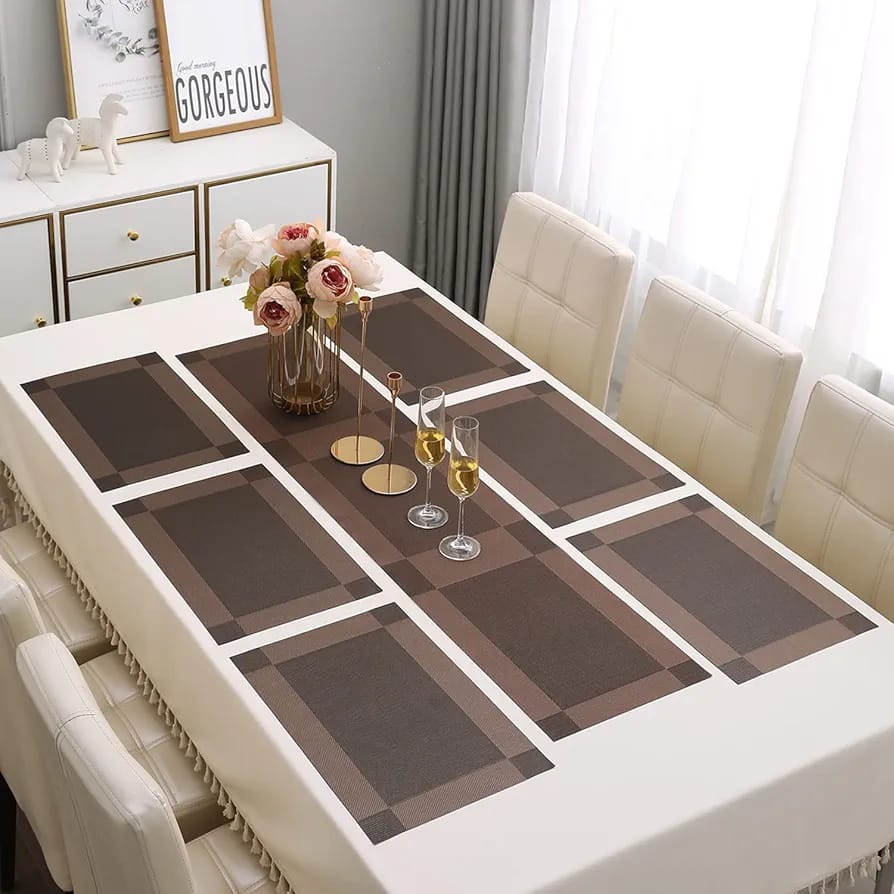 7Pcs Table Mat & Table Runner Dark Brown Color Set Heat Resistant Placemats, Stain Resistant Washable PVC Table Mats for Dining Table Woven Placemat