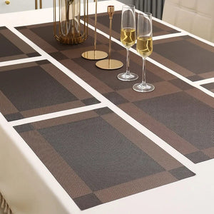 7Pcs Table Mat & Table Runner Dark Brown Color Set Heat Resistant Placemats, Stain Resistant Washable PVC Table Mats for Dining Table Woven Placemat
