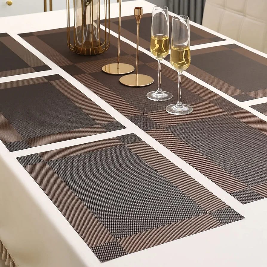 7Pcs Table Mat & Table Runner Dark Brown Color Set Heat Resistant Placemats, Stain Resistant Washable PVC Table Mats for Dining Table Woven Placemat