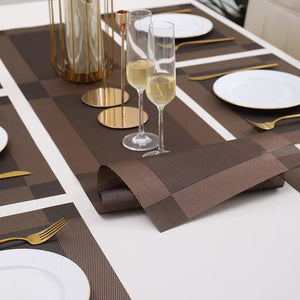 7Pcs Table Mat & Table Runner Dark Brown Color Set Heat Resistant Placemats, Stain Resistant Washable PVC Table Mats for Dining Table Woven Placemat