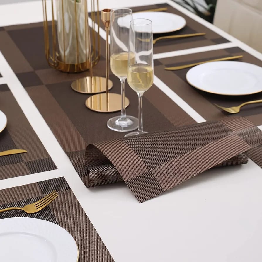 7Pcs Table Mat & Table Runner Dark Brown Color Set Heat Resistant Placemats, Stain Resistant Washable PVC Table Mats for Dining Table Woven Placemat