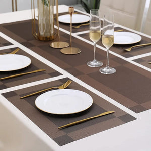 7Pcs Table Mat & Table Runner Dark Brown Color Set Heat Resistant Placemats, Stain Resistant Washable PVC Table Mats for Dining Table Woven Placemat