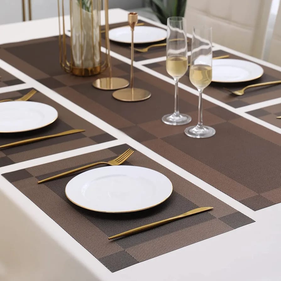 7Pcs Table Mat & Table Runner Dark Brown Color Set Heat Resistant Placemats, Stain Resistant Washable PVC Table Mats for Dining Table Woven Placemat