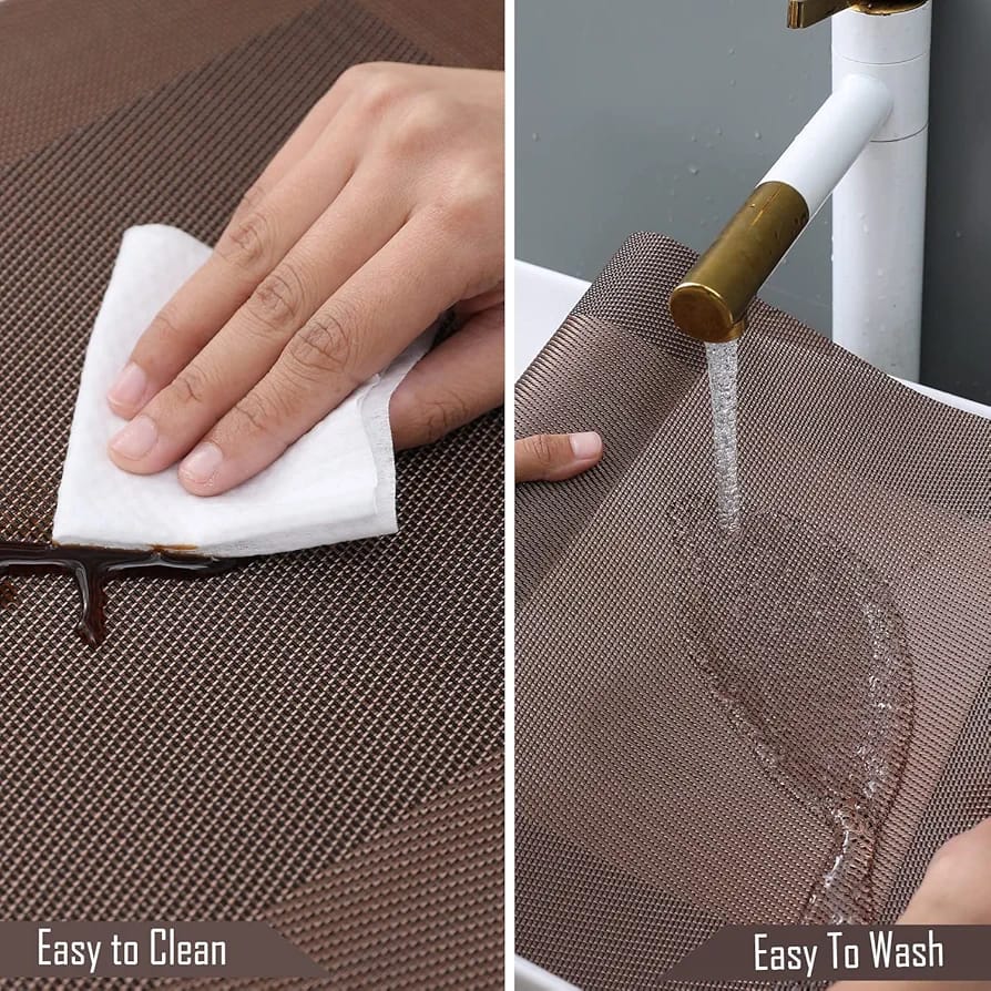 7Pcs Table Mat & Table Runner Dark Brown Color Set Heat Resistant Placemats, Stain Resistant Washable PVC Table Mats for Dining Table Woven Placemat