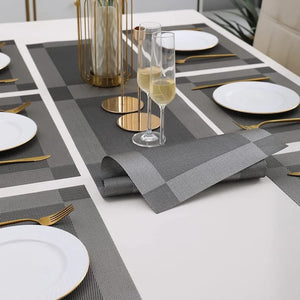 7Pcs Table Mat & Table Runner Dark Grey Color Set Heat Resistant Placemats, Stain Resistant Washable PVC Table Mats for Dining Table Woven Placemat