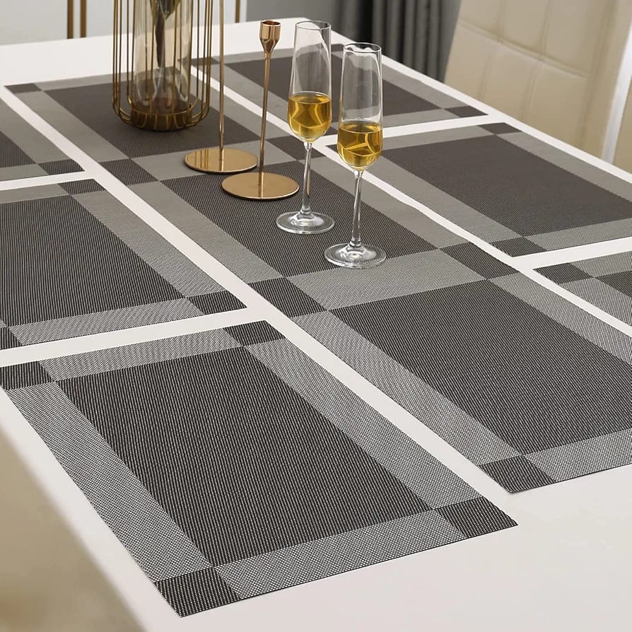 7Pcs Table Mat & Table Runner Dark Grey Color Set Heat Resistant Placemats, Stain Resistant Washable PVC Table Mats for Dining Table Woven Placemat