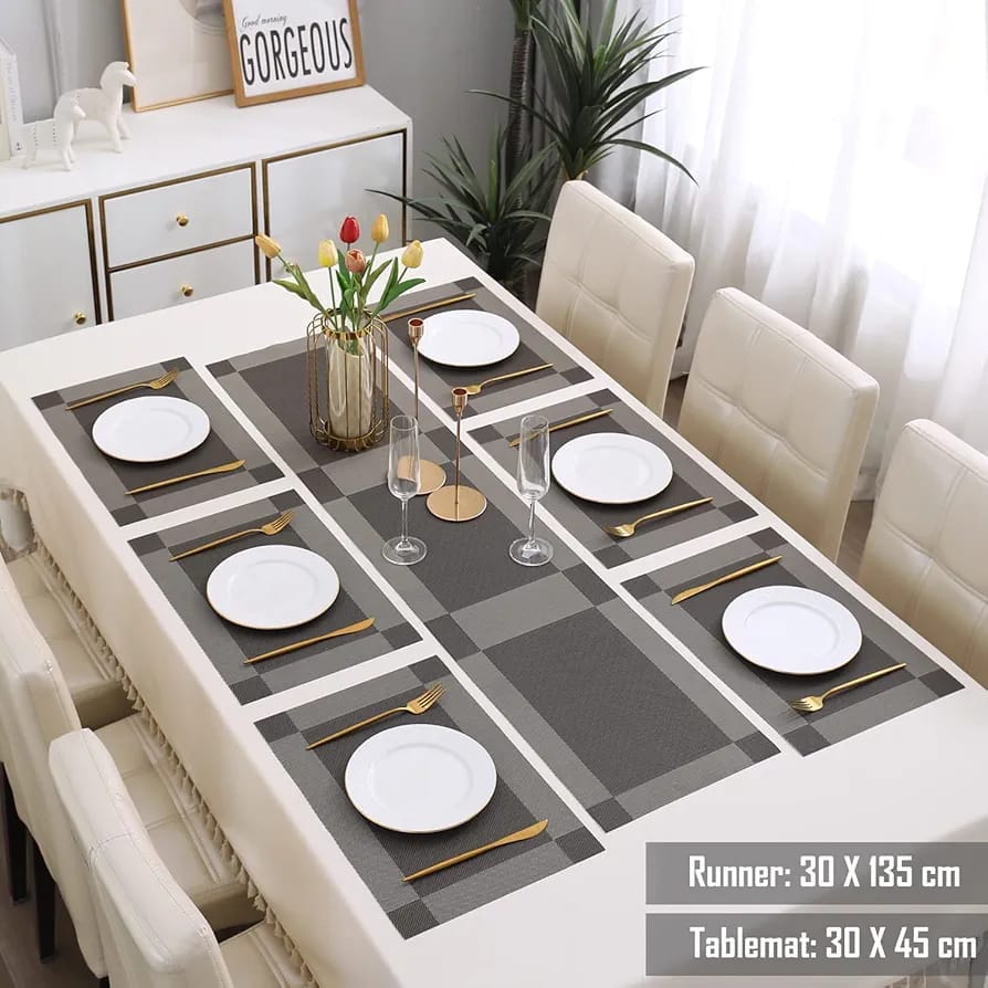 7Pcs Table Mat & Table Runner Dark Grey Color Set Heat Resistant Placemats, Stain Resistant Washable PVC Table Mats for Dining Table Woven Placemat