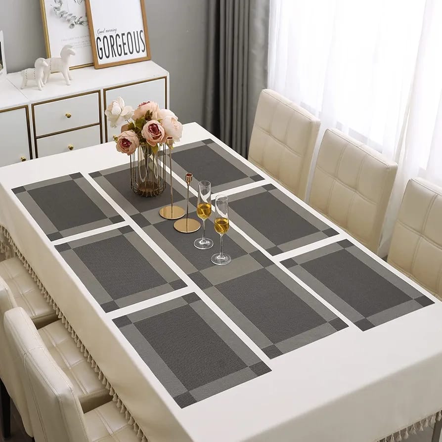 7Pcs Table Mat & Table Runner Dark Grey Color Set Heat Resistant Placemats, Stain Resistant Washable PVC Table Mats for Dining Table Woven Placemat