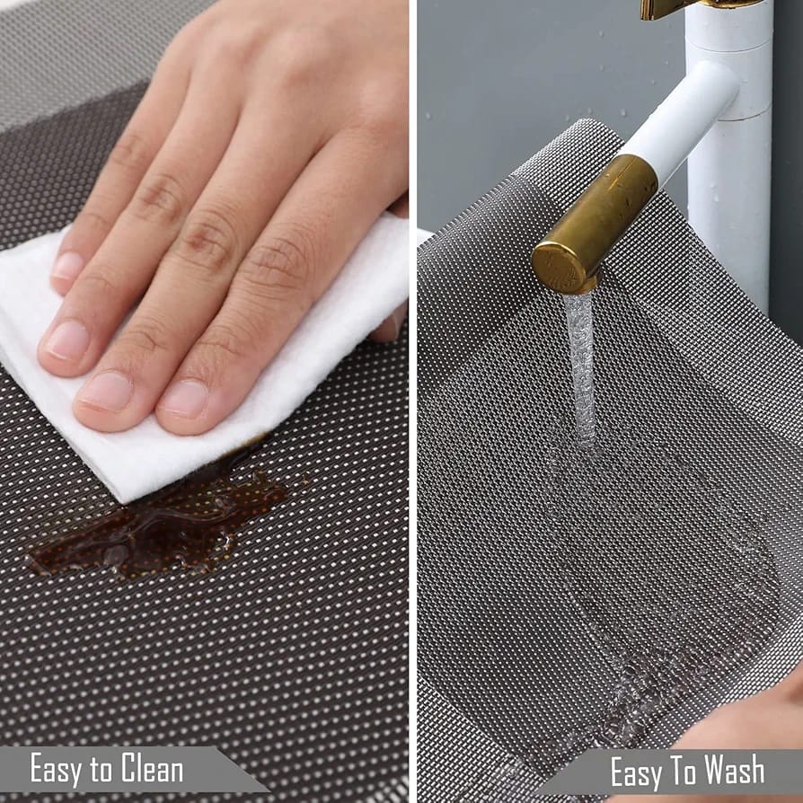 7Pcs Table Mat & Table Runner Dark Grey Color Set Heat Resistant Placemats, Stain Resistant Washable PVC Table Mats for Dining Table Woven Placemat