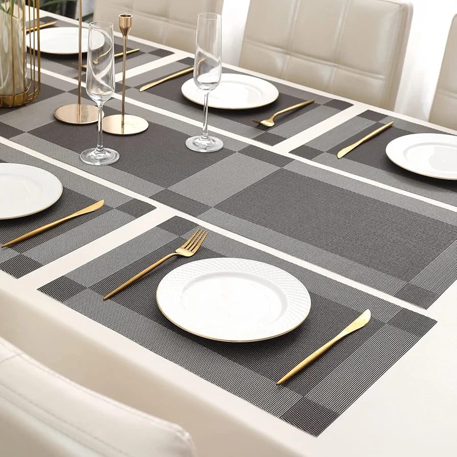 7Pcs Table Mat & Table Runner Dark Grey Color Set Heat Resistant Placemats, Stain Resistant Washable PVC Table Mats for Dining Table Woven Placemat