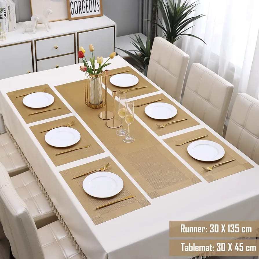 7Pcs Table Mat & Table Runner Dark Golden Color Set Heat Resistant Placemats, Stain Resistant Washable PVC Table Mats for Dining Table Woven Placemat