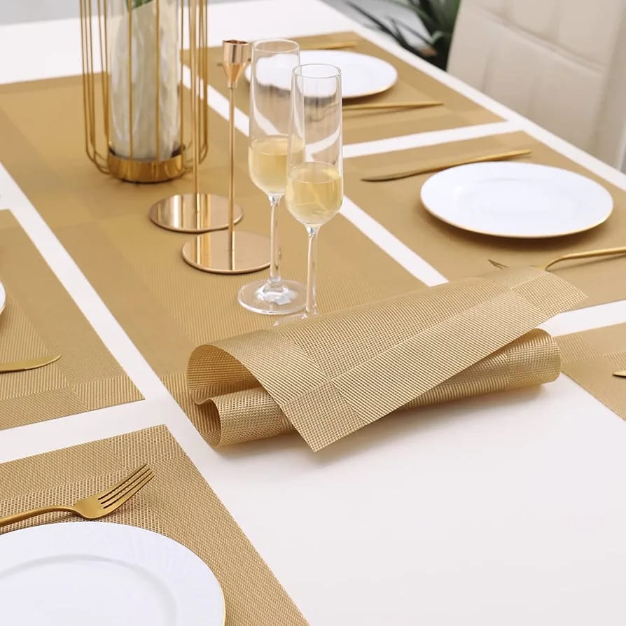 7Pcs Table Mat & Table Runner Dark Golden Color Set Heat Resistant Placemats, Stain Resistant Washable PVC Table Mats for Dining Table Woven Placemat