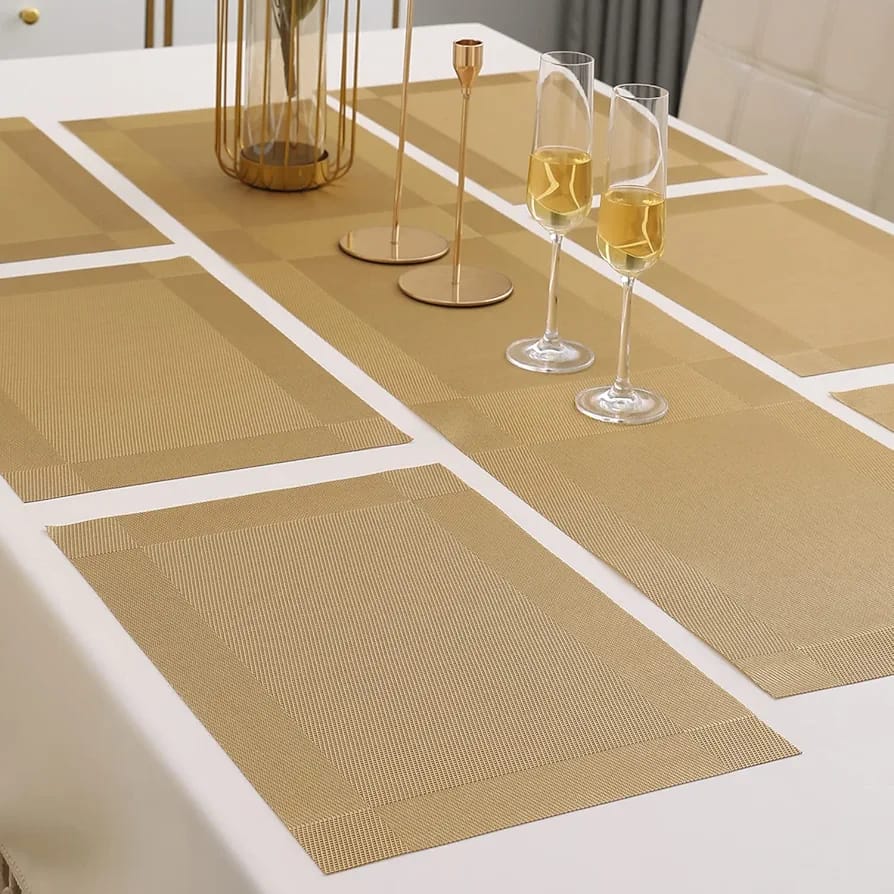 7Pcs Table Mat & Table Runner Dark Golden Color Set Heat Resistant Placemats, Stain Resistant Washable PVC Table Mats for Dining Table Woven Placemat