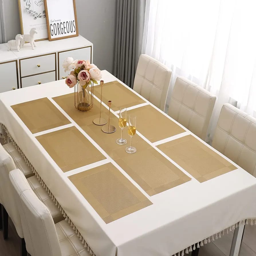 7Pcs Table Mat & Table Runner Dark Golden Color Set Heat Resistant Placemats, Stain Resistant Washable PVC Table Mats for Dining Table Woven Placemat
