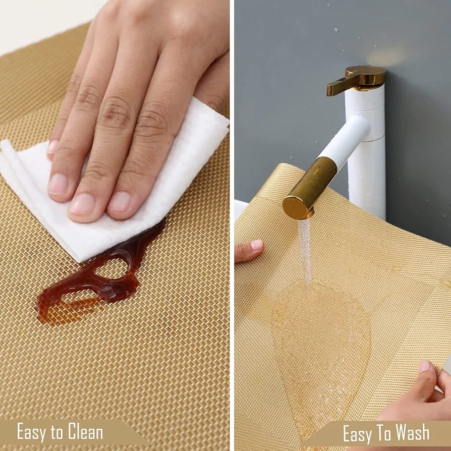 7Pcs Table Mat & Table Runner Dark Golden Color Set Heat Resistant Placemats, Stain Resistant Washable PVC Table Mats for Dining Table Woven Placemat