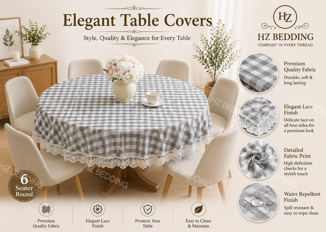 6 Seater Round Waterproof Table Cover with Elegant Lace Border New Design C HZ BEDDING
