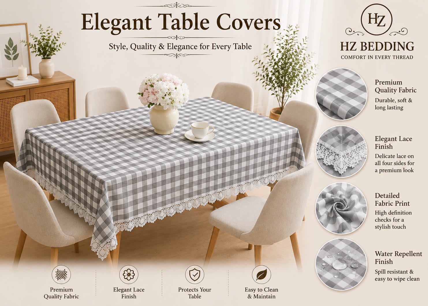 4/6/8 Seater Waterproof Table Cover with Elegant Lace Border New Design E HZ BEDDING