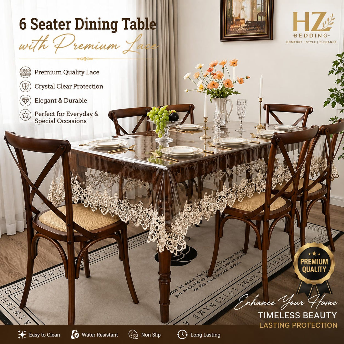 Seater Transparent PVC Embroidered Tablecloth with Lace Trim – Waterproof Table Cover for Dining, Parties & Home Decor HZ BEDDING