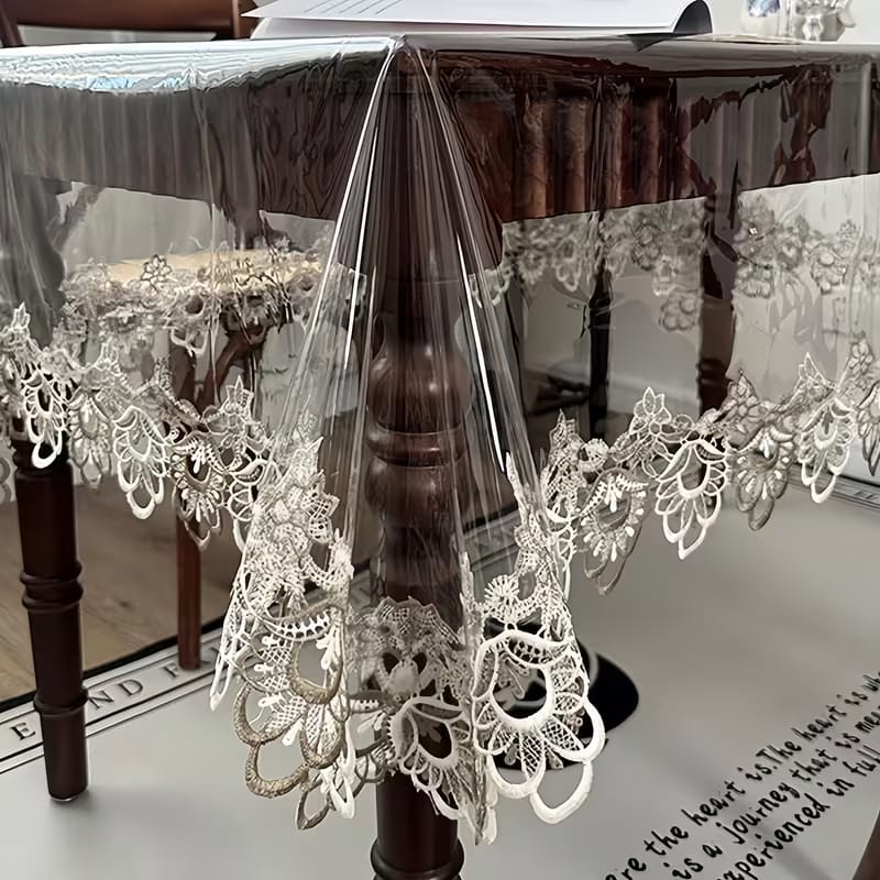 Seater Transparent PVC Embroidered Tablecloth with Lace Trim – Waterproof Table Cover for Dining, Parties & Home Decor HZ BEDDING