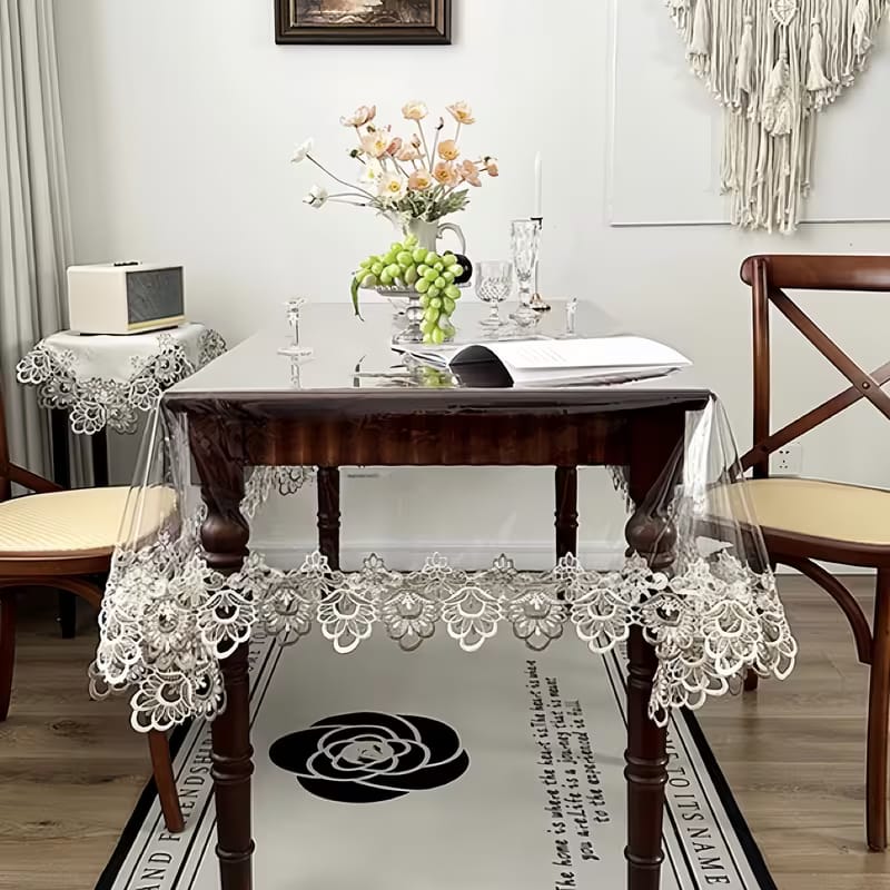 Seater Transparent PVC Embroidered Tablecloth with Lace Trim – Waterproof Table Cover for Dining, Parties & Home Decor HZ BEDDING