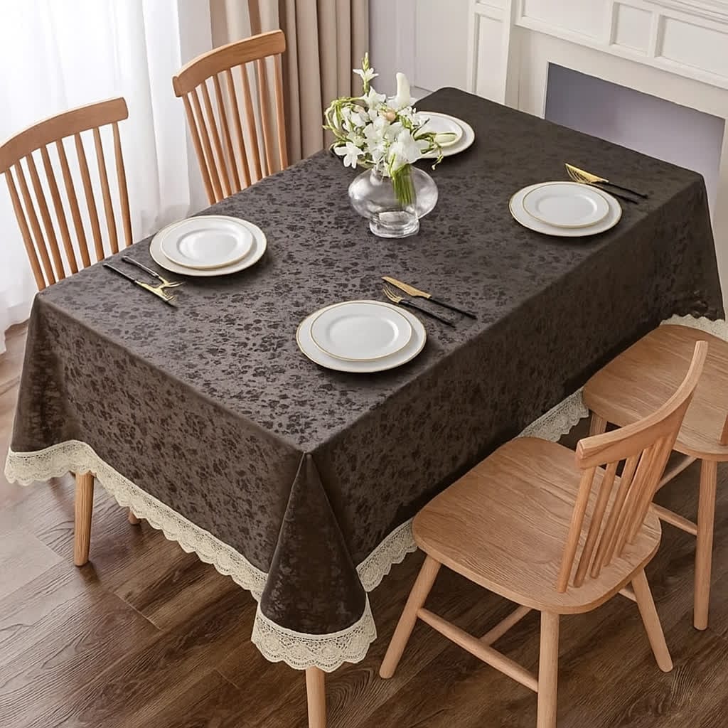 6 Seater Luxury Blue Dining Table Cover with Lace Edges – Washable & Durable HZ BEDDING