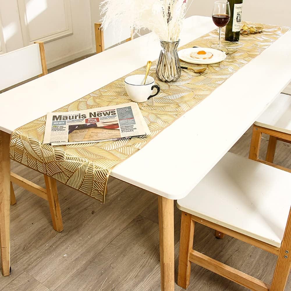 PVC Hollow Table Runner Non-slip Leaf Decorative Table Mats Placemat for Home Party Kitchen Dining Wedding Decor (180CM X 35CM) golden copper Silver HZ BEDDING