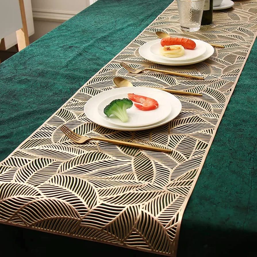 PVC Hollow Table Runner Non-slip Leaf Decorative Table Mats Placemat for Home Party Kitchen Dining Wedding Decor (180CM X 35CM) golden copper Silver HZ BEDDING
